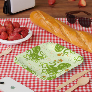 Green Octopuses With Flowers Paper Plate