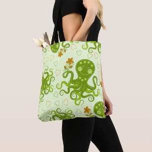 Green Octopuses With Flowers Tote Bag
