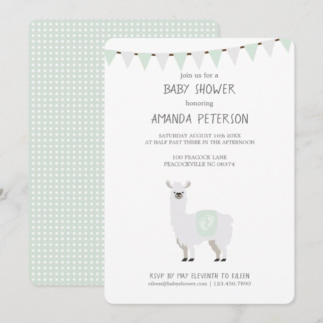Green & Off-White Gender Neutral Llama Baby Shower Invitation (Front/Back)