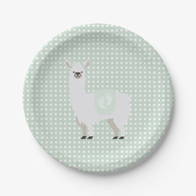 Green & Off-White Gender Neutral Llama Baby Shower Paper Plate (Front)