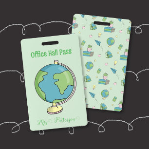 Green Office Hall Pass Badge with a Globe Doodle ID Badge