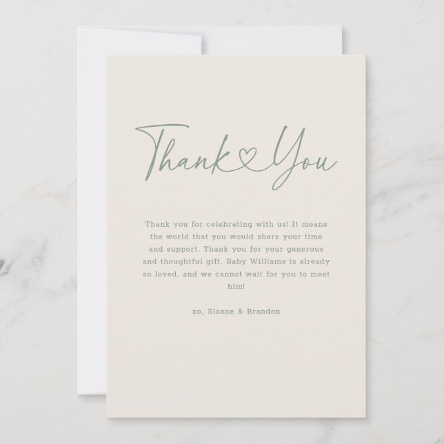 Green Oh Baby Heart Calligraphy Simple Baby Shower Thank You Card (Front)