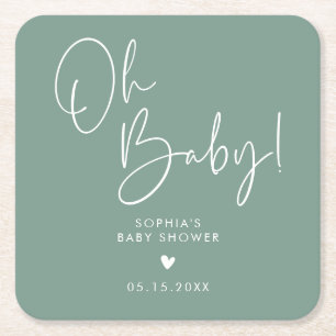 Green Oh Baby Modern Boho Baby Shower Square Paper Coaster