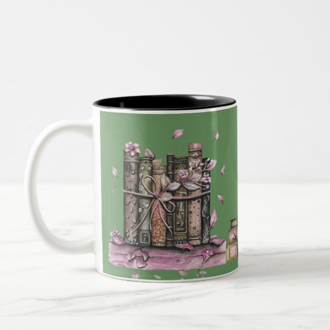 Green Old Book Library Flowers Two-Tone Coffee Mug (Left)