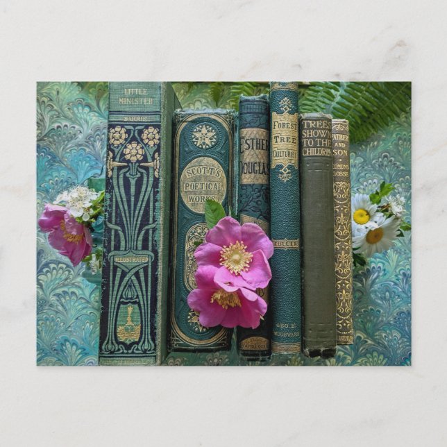 Green Old Books and Wild Pink Roses Postcard (Front)
