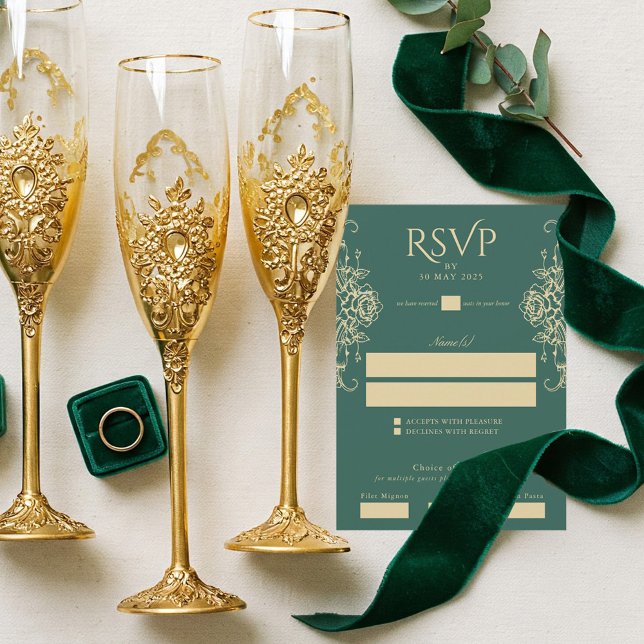 Green Old Money Vintage Crest Wedding RSVP Card (Old Money Emerald Green Wedding RSVP Card)