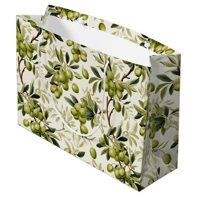 Green Olive Branch Mediterranean Pattern Large Gift Bag (Back Angled)