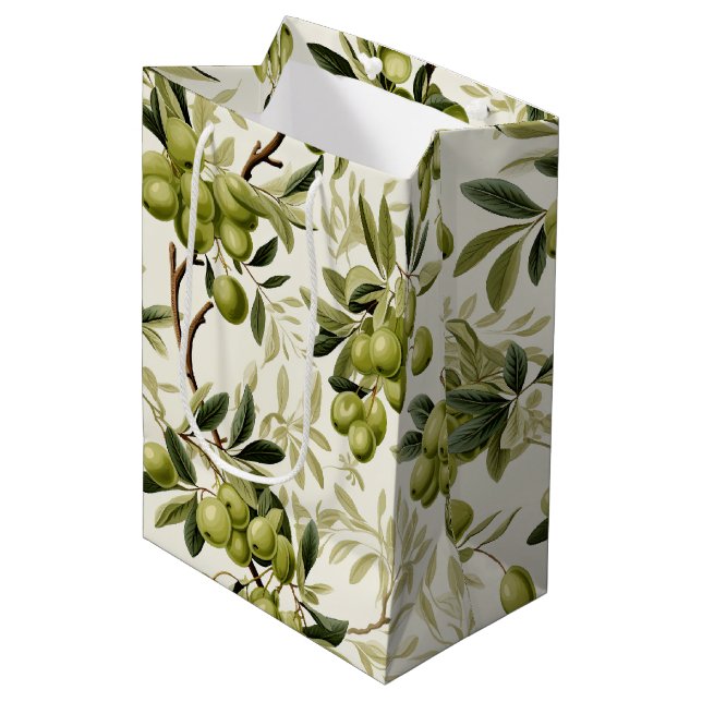 Green Olive Branch Mediterranean Pattern Medium Gift Bag (Front Angled)