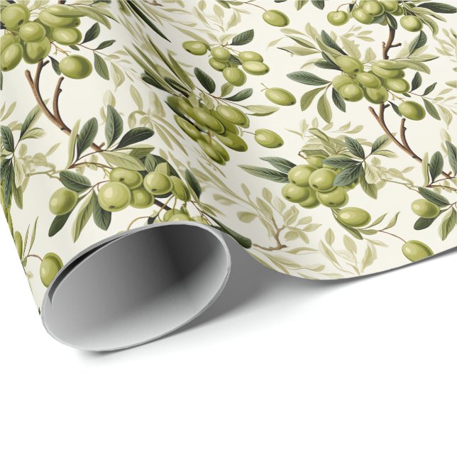 Green Olive Branch Mediterranean Pattern Wrapping Paper (Roll Corner)