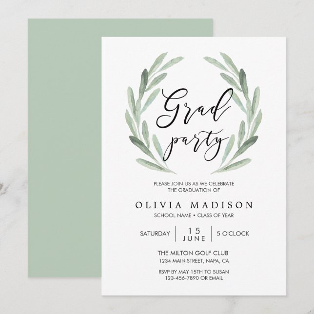 Green Olive Branch Wreath Graduation Party Invitation (Front/Back)