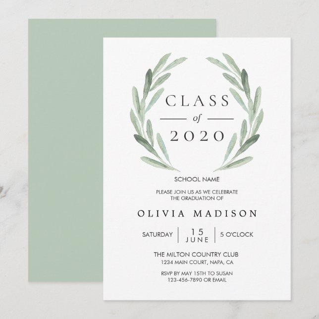 Green Olive Branch Wreath Graduation Party Invitation (Front/Back)