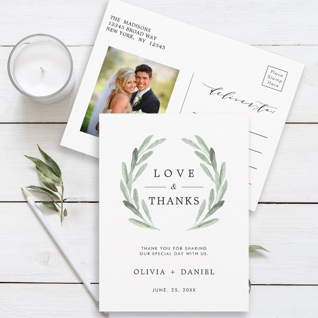 Green Olive Branch Wreath Wedding Thank You Photo Postcard (Front & Back)