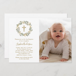 Green Olive Branches and Gold   Photo Baptism Invitation