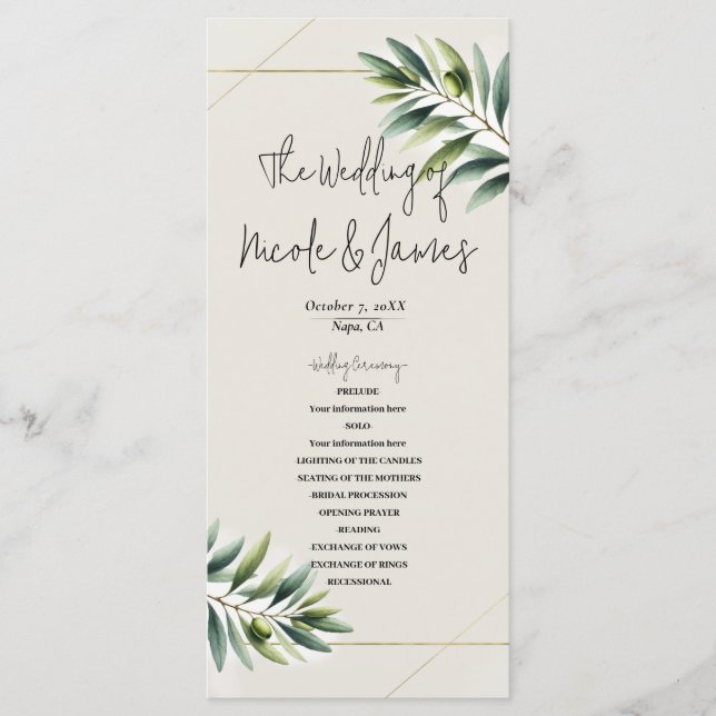 Green Olive Leaf Bone White & Gold Rustic Program Programme (Front)