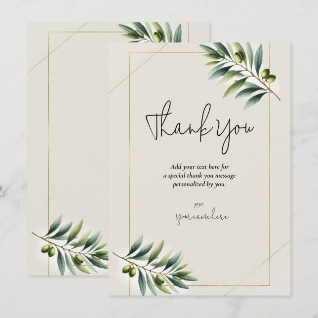 Green Olive Leaf Bone White Gold Rustic Thank You Invitation (Front/Back)