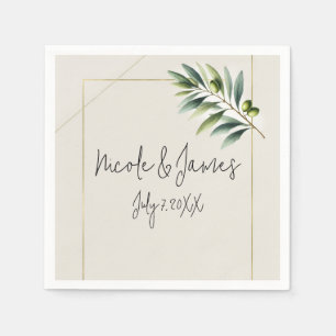 Green Olive Leaf Bone White & Gold Rustic Wedding Napkin
