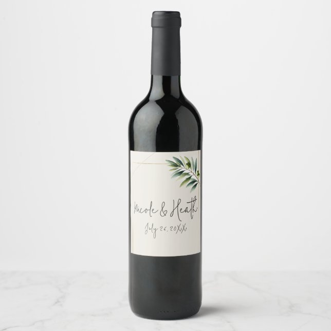 Green Olive Leaf Bone White & Gold Rustic Wedding Wine Label (Front)