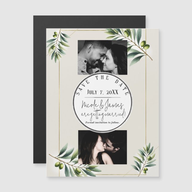 Green Olive Leaf Bone White & Gold Save the Date (Front/Back)