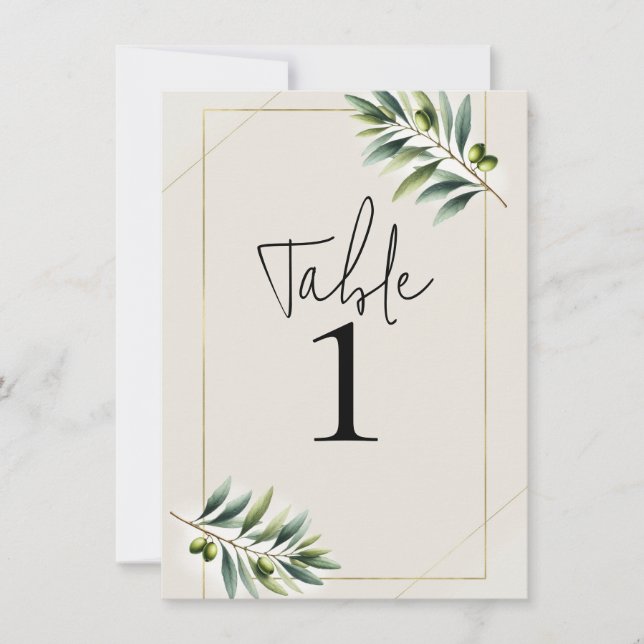 Green Olive Leaf Bone White & Gold Table Number (Front)
