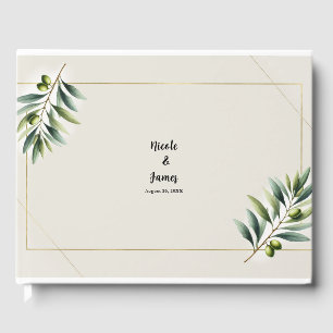 Green Olive Leaf Bone White & Gold Wedding Guest Book
