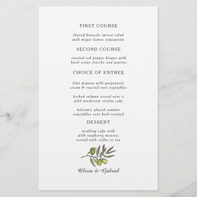 Green Olive. Simple fancy modern wedding menu (Front)
