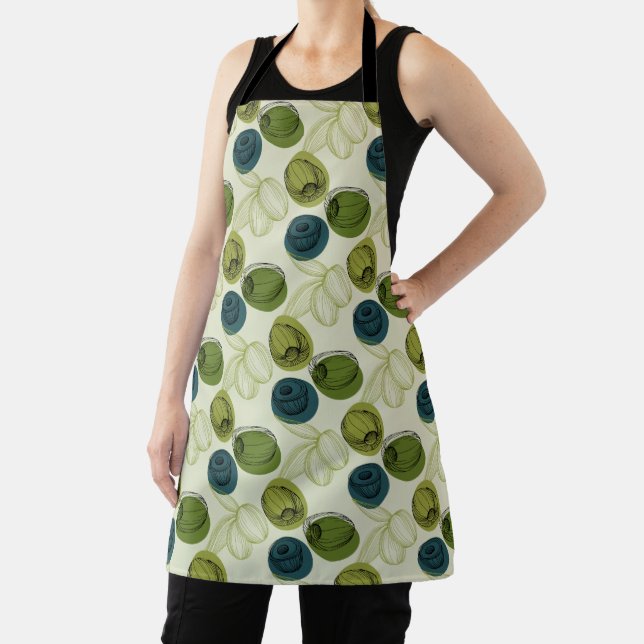 Green Olive Sketch Drawing Pattern Kitchen Apron (Insitu)
