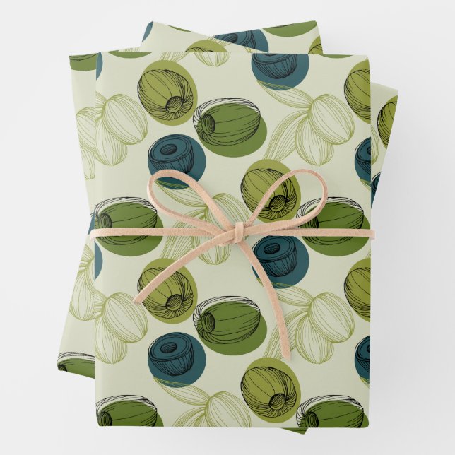 Green Olive Sketch Drawing Pattern Wrapping Paper Sheet (In situ)