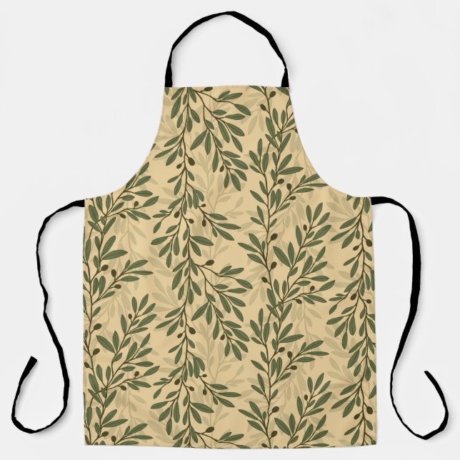Green Olive Tree Branch Mediterranean Pattern Apron (Front)