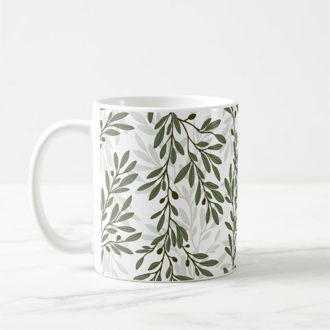 Green Olive Tree Branch Mediterranean Pattern Coffee Mug (Left)