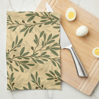 Green Olive Tree Branch Mediterranean Pattern Tea Towel