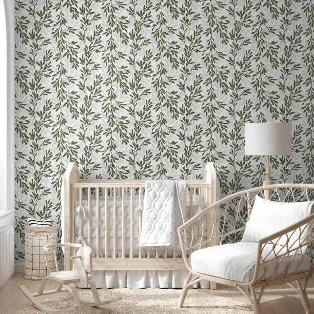 Green Olive Tree Branch Mediterranean Pattern Wallpaper (Kids)