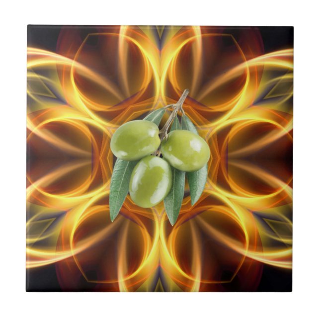 Green Olives ~ 0308 ~ Gold Russet Background ~  Tile (Front)