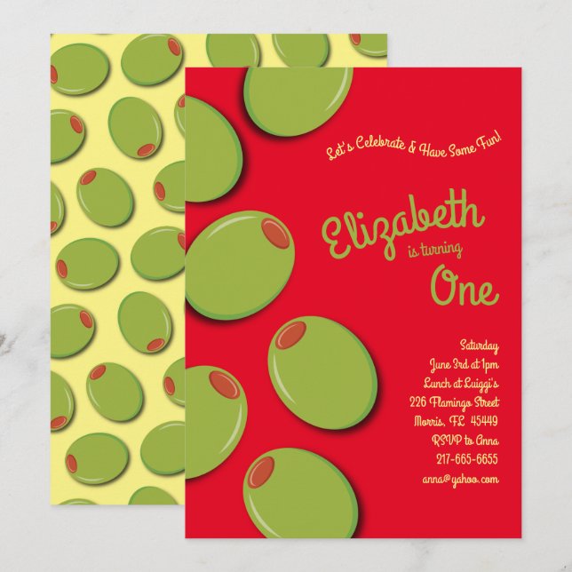 Green Olives Kid 1st Birthday Party Invitation (Front/Back)
