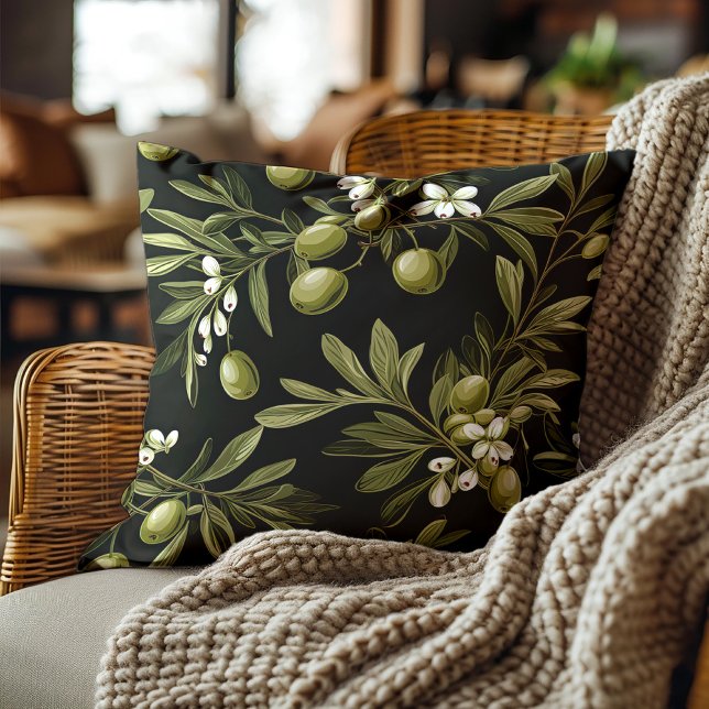 Green Olives Leaves Black Elegant Botanical  Cushion (Green olives on black decorator pillow)