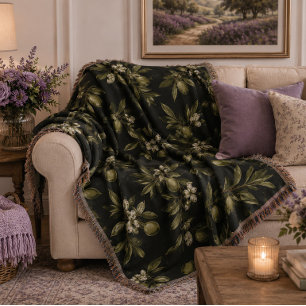 Green Olives Leaves Black Elegant Botanical Throw Blanket