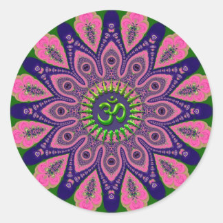 Green Om Funky Pink and Indigo Mandala Classic Round Sticker