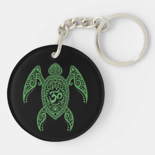 Green Om Sea Turtle on Black Key Ring