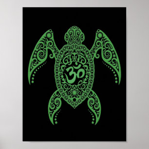 Green Om Sea Turtle on Black Poster