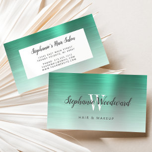 Green Ombre Brushed Metal Monogram Hair Salon Business Card