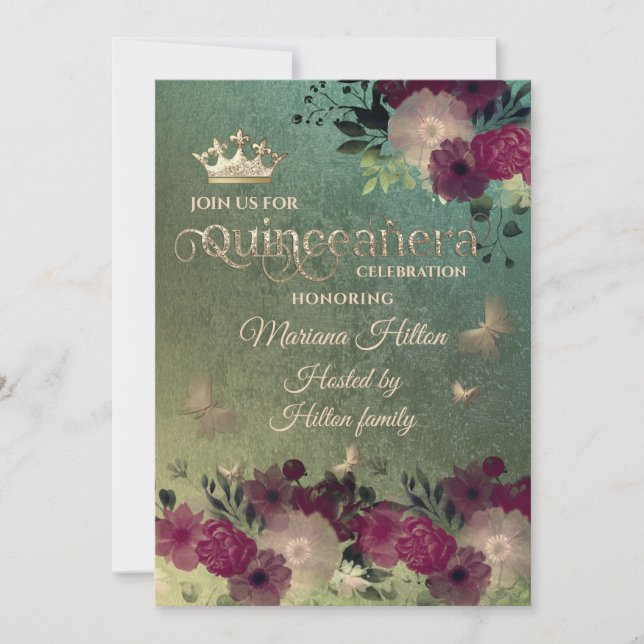 Green ombre butterfly floral garden Quinceañera  Invitation (Front)