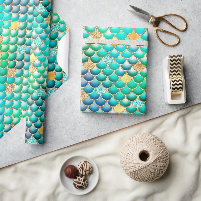 Green Ombre Foil & Gold Glitter Mermaid Scales Wrapping Paper (Crafts)