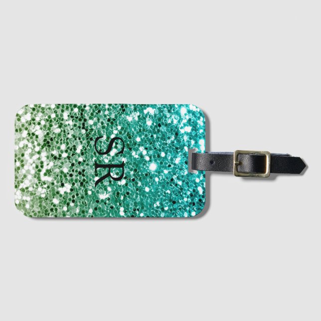  Green Ombre Glitter Effect Monogram Initials Luggage Tag (Front Horizontal)