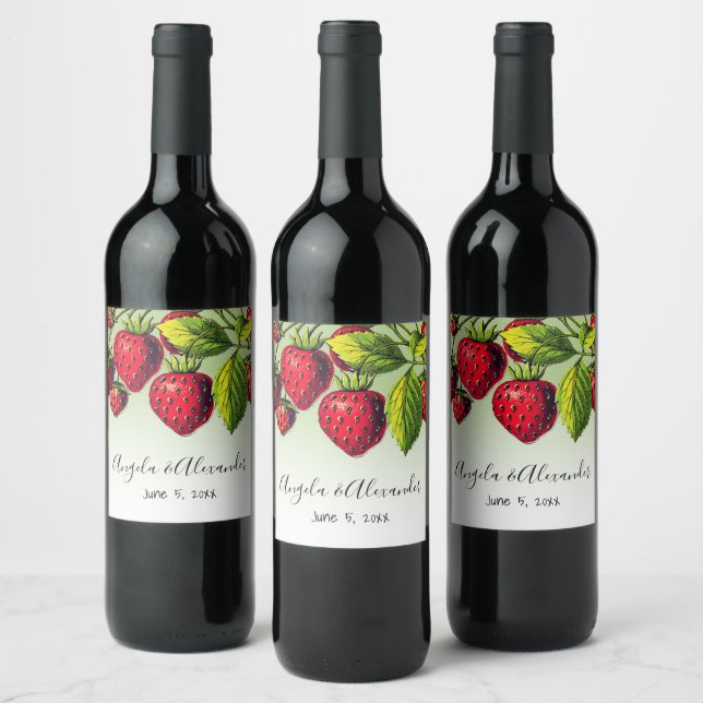Green Ombre Red Vintage Strawberries Wedding Wine Label (Bottles)