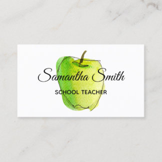 Green Ombre Watercolor Apple School Teacher Business Card