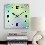 Green ombre watercolor gold confetti dots chic square wall clock<br><div class="desc">Bold, black easy-to-read numerals and rich champagne faux gold foil confetti dots overlay a chic, pastel turquoise blue, green and purple watercolor ombre background. Enliven up your favourite room with this stylish, modern, simple and chic wall clock. Your choice of a round or square clock face. Makes a wonderful statement...</div>
