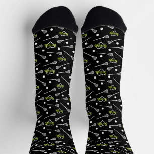 Green on Black Lacrosse Sticks & Hearts Pattern Socks