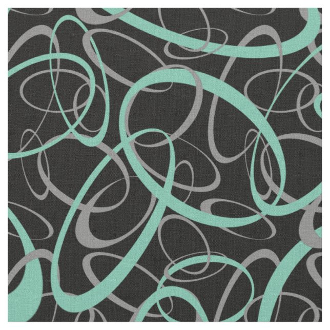 Green on Black Retro Shapes Pattern Fabric (Close Up)