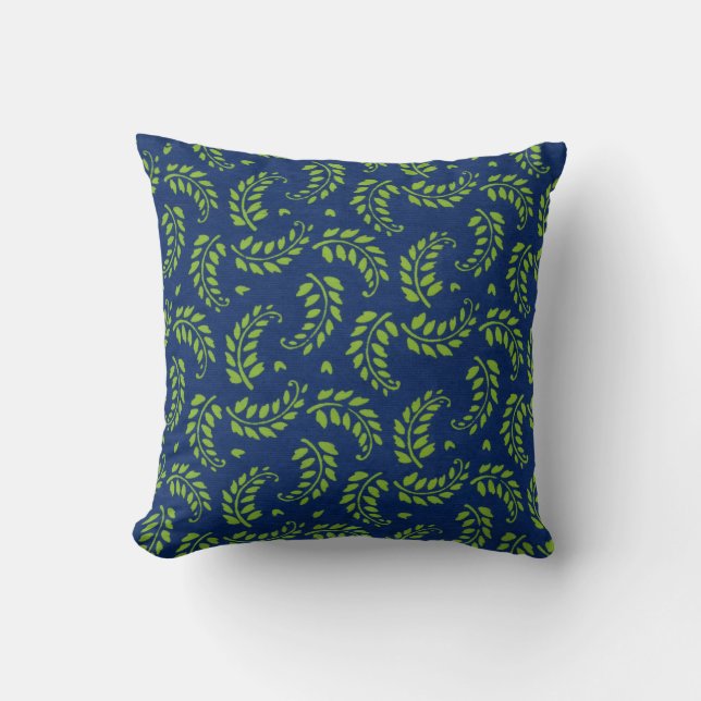 Green on Blue Leaves Fern Fronds Throw Pillow (Front)