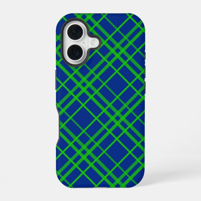 Green On Blue Tartan Plaid Pattern Design  iPhone 16 Case (Back)