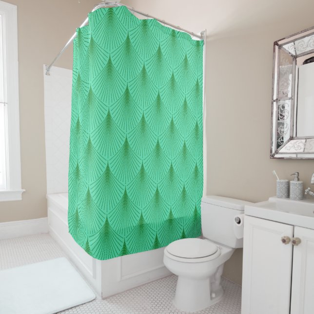 Green on green art deco seamless pattern shower curtain (In Situ)